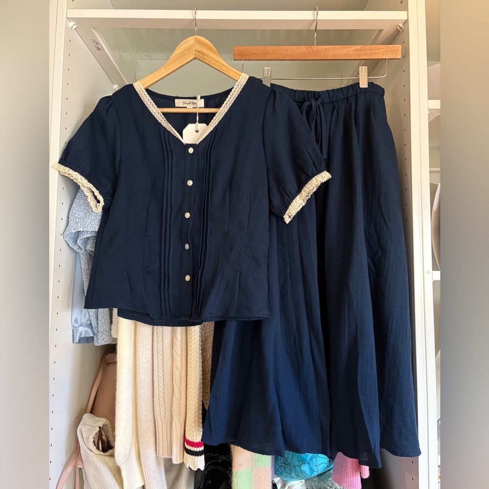 Navy Crochet-Trim Button Front Top by